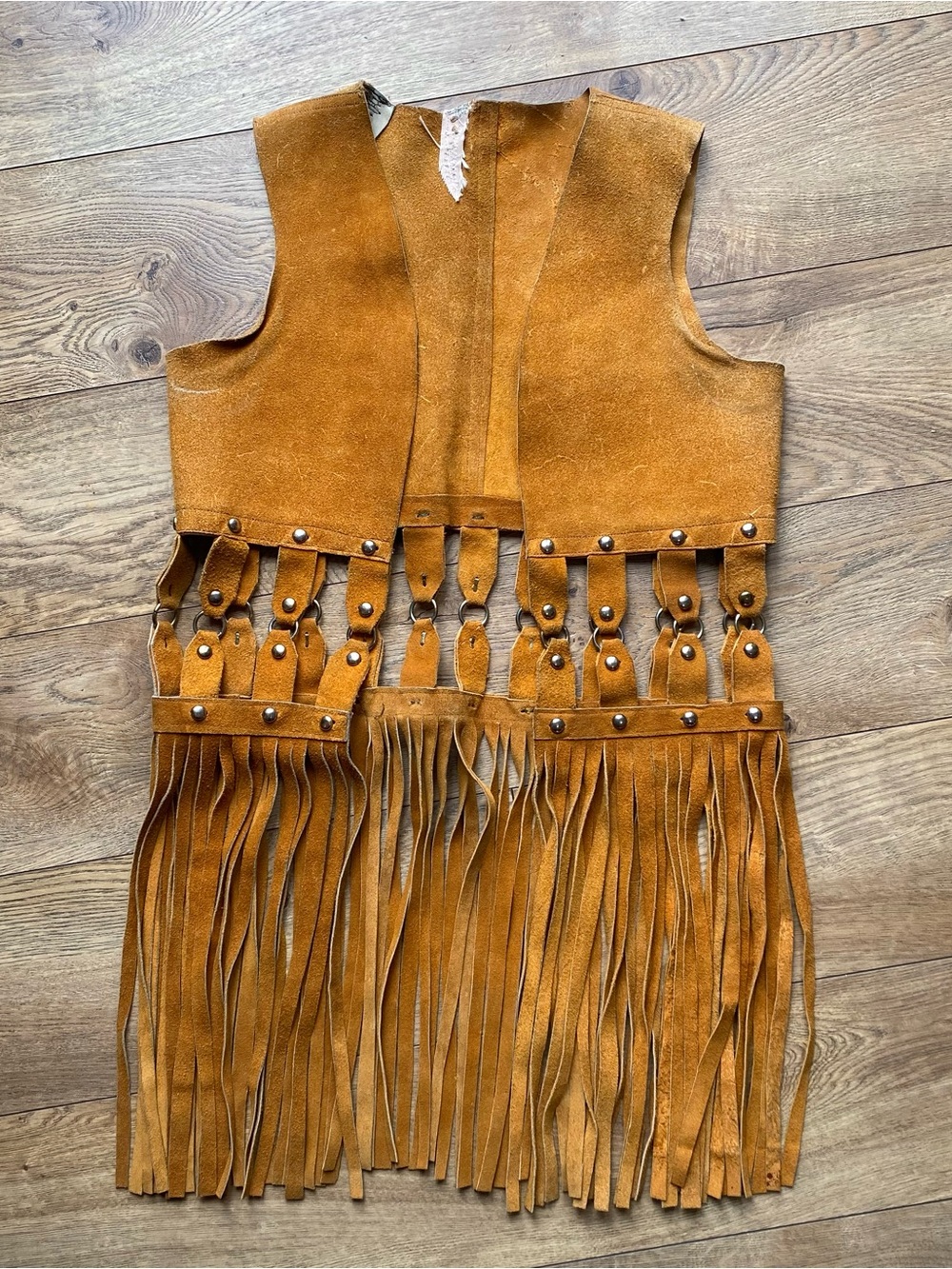 Vintage Brown Leather Fringe Vest Hippie Festival 70s Boho Western Womens Small
